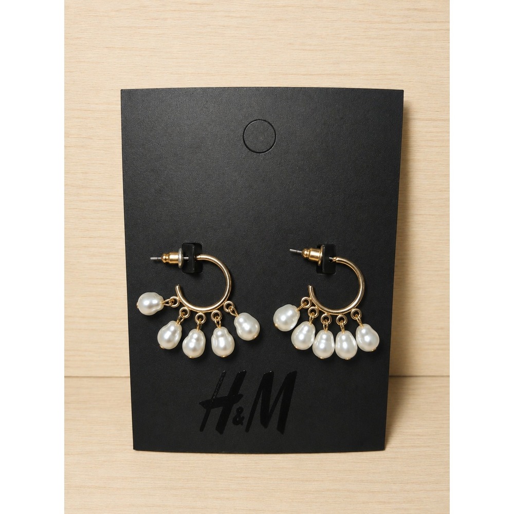 H&M Gold Tone Faux Pearl Charm Hoop Earrings Dangle Statement Earrings NWT